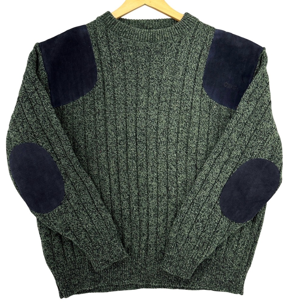 VTG Orvis Marled Green Wool Crewneck Sweater Shoulder Elbow Patch L 90s Hunting